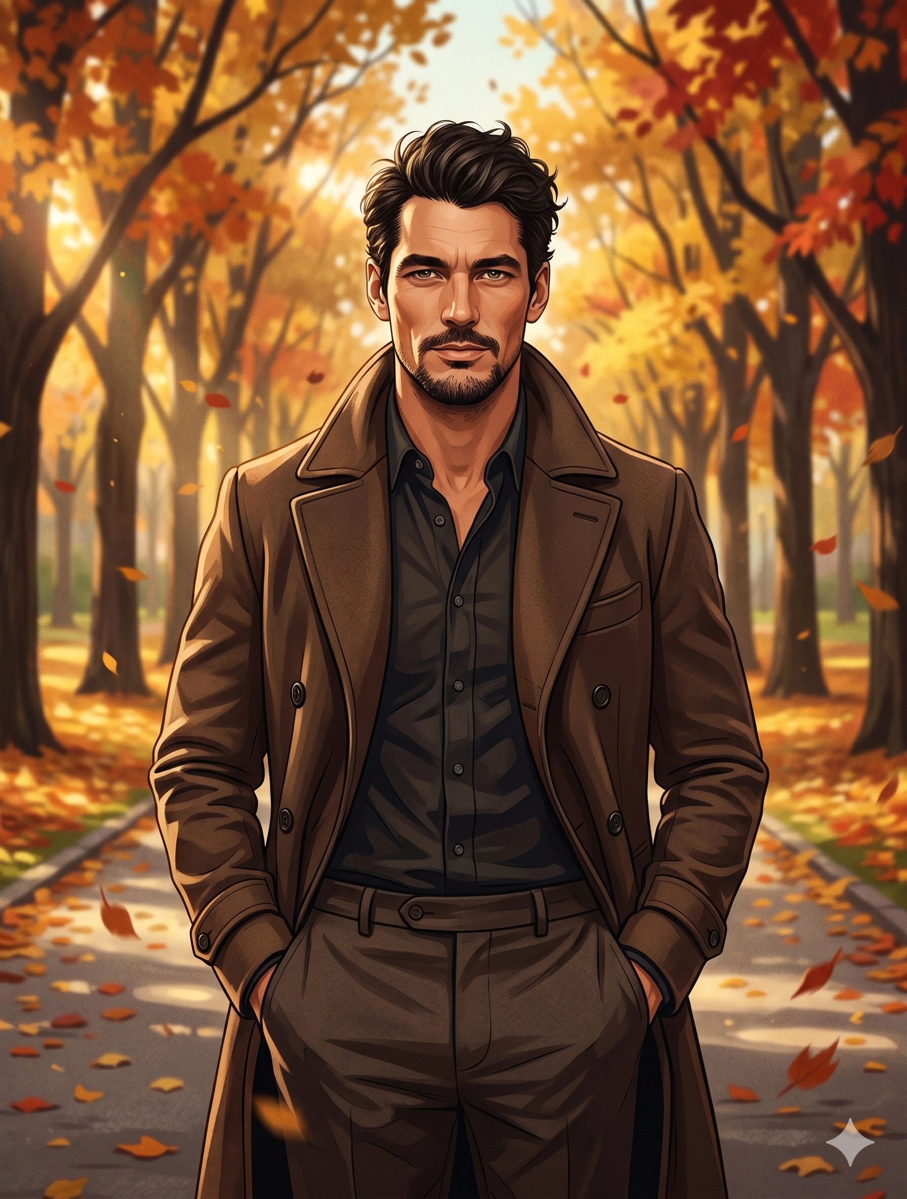Autumn Park Cinematic Illustration Portrait (Male) nano banana prompt