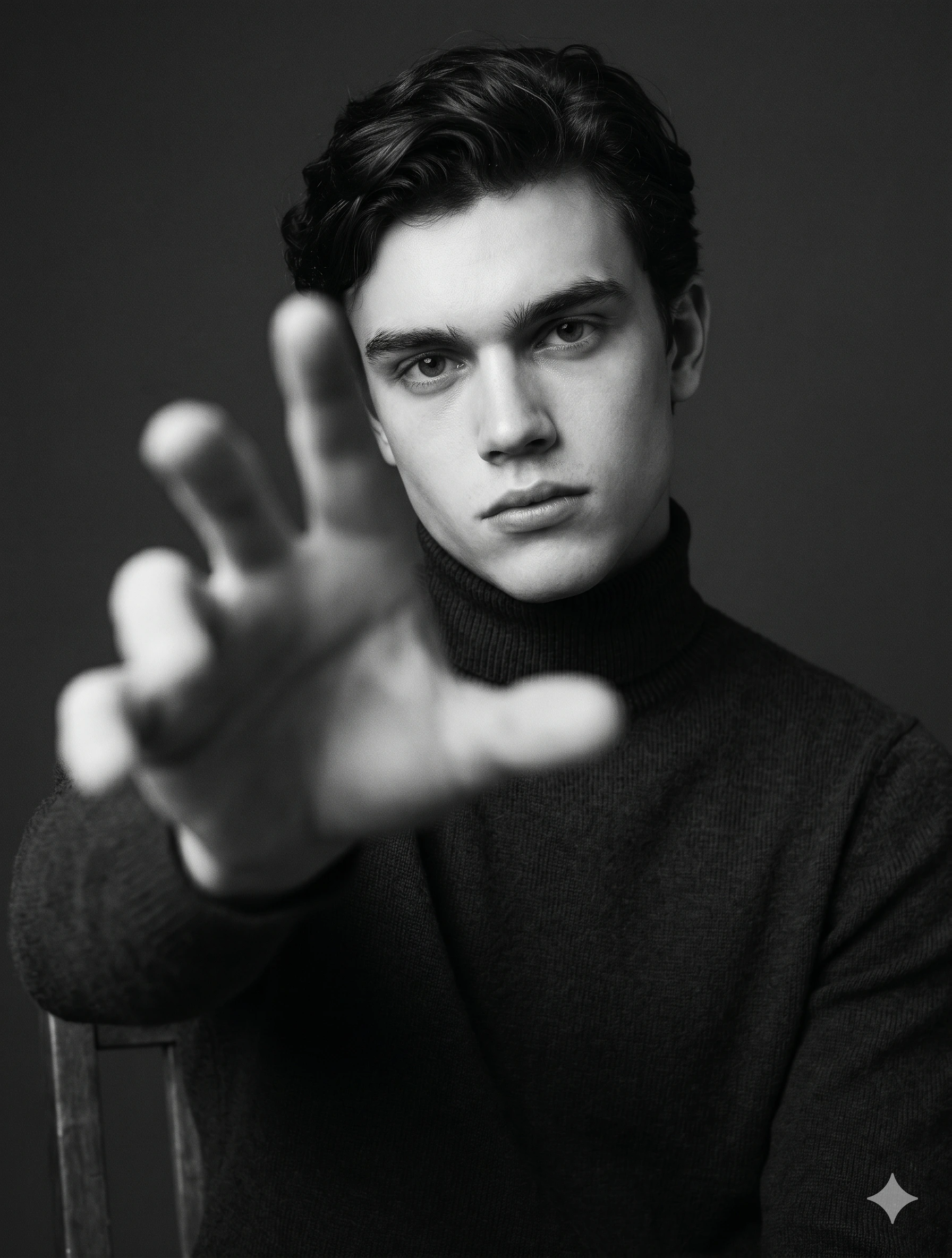 Cinematic Hand-Reach Black & White Portrait