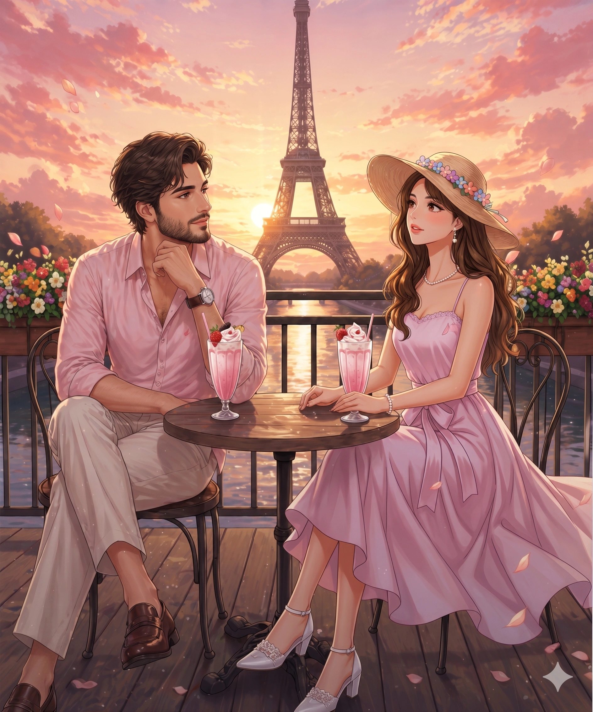 Romantic Paris Sunset Café Couple Illustration
